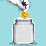 cutout paper illustration of hand with coin above jar
