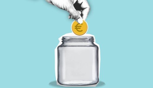cutout paper illustration of hand with coin above jar